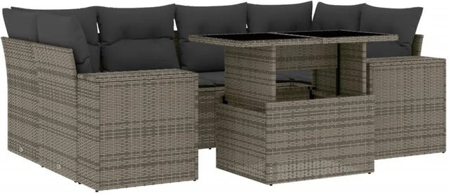 vidaXL 7-tlg Garten-Sofagarnitur in L-Form aus grauem Poly-Rattan mit Kissen und pulverbeschichtetem Stahlgestell - Bild 1
