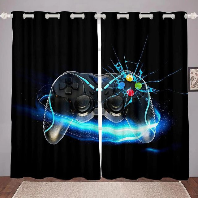 Yiran Furniture Gaming Vorhänge für das Kinderzimmer und Teenager Schlafzimmer, 2er Set Schwarz, B: 70 cm, H: 185 cm - Bild 1