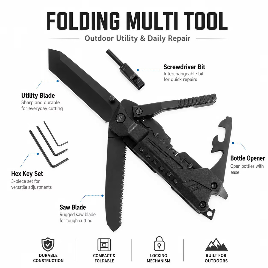 Klappbares Multifunktionswerkzeug in Schwarz mit Universalmesser, Säge, Schraubendreher-Bits und Sechskantschlüssel-Set für Outdoor und Camping - Bild 2