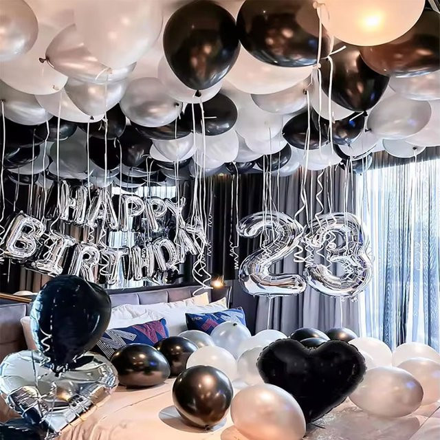 LQVYI Happy Birthday Ballon-Set in Schwarz, Silber und Weiß für deine Party-Dekoration - Bild 1