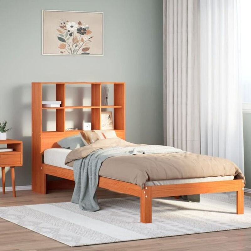 Massivholzbett aus Kiefer mit Regal von Vidaxl in Braun, B/T/H: 75 x 190 cm - Bild 1