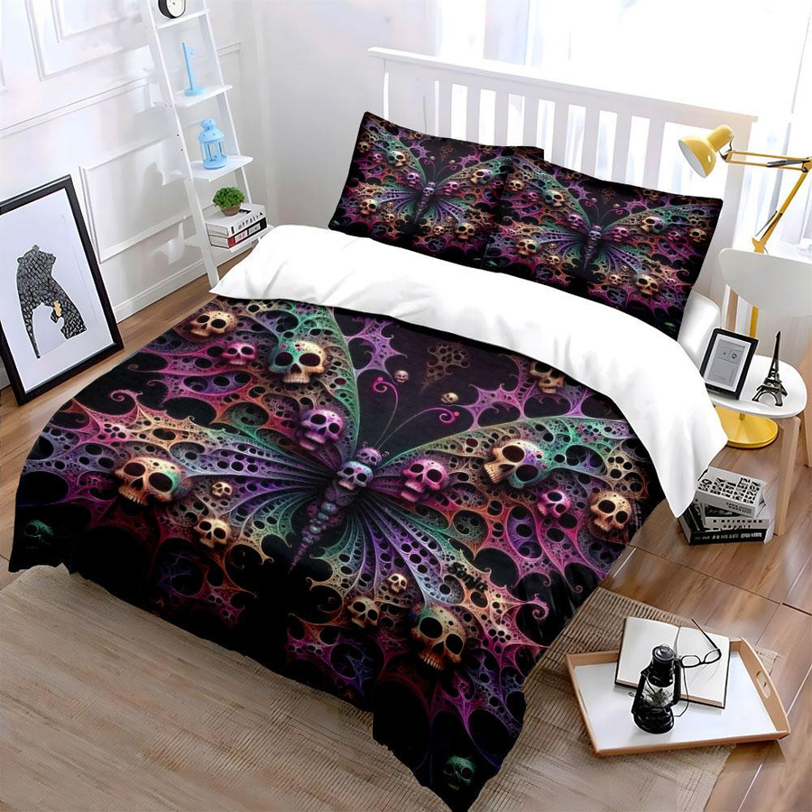 Bettwäsche Set Flylo mit Totenkopf und Schmetterling Design, inklusive Bettbezug und 2 Kissenbezügen, B/B/H: 135 x 200 cm - Bild 4