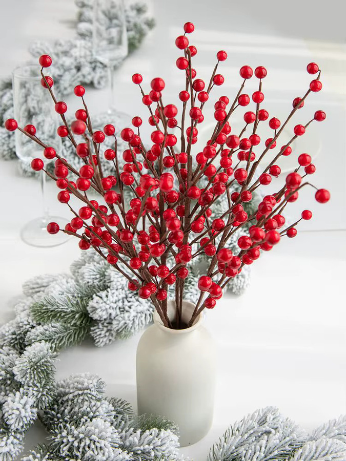 XIAOYINMO Künstliche Stechpalmen mit roten Früchten für Weihnachten und Hochzeitsdekoration, 10 Stück, Rot - Bild 5