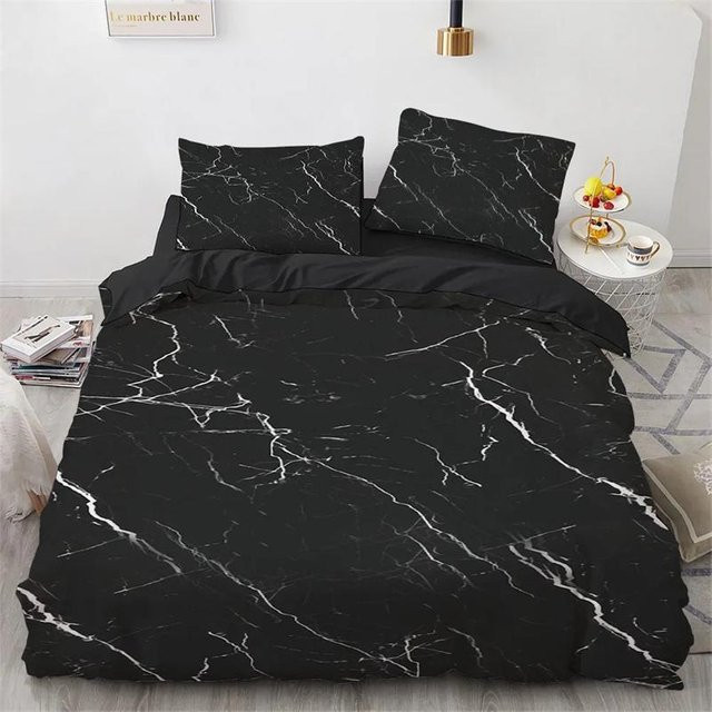Marmor Königin Bettwäsche-Set mit Textur-Muster in Schwarz-Weiß, 3-teilig aus Polyester und Mikrofaser, B/H: 200 x 200 cm - Bild 1