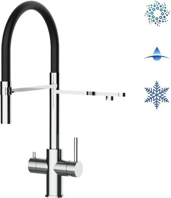 VIZIO Küchenarmatur aus Edelstahl mit 5-Wege-Wasserhahn, 360° schwenkbarem Auslauf und abnehmbarer 2-Strahl Handbrause in Schwarz und Silber - Bild 1