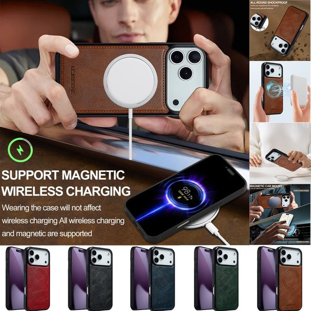 EUCAGR MagSafe Magnetische Drahtlose Lade Schutzhülle aus PU Leder für iPhone in Schwarz - Bild 1