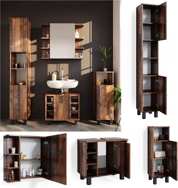 Vicco Badmöbelset Fynn in Eiche Rustikal, 4-teiliges Set bestehend aus Waschtischunterschrank, Spiegelschrank, Hochschrank und Midischrank, Farbe: Braun - Bild 1