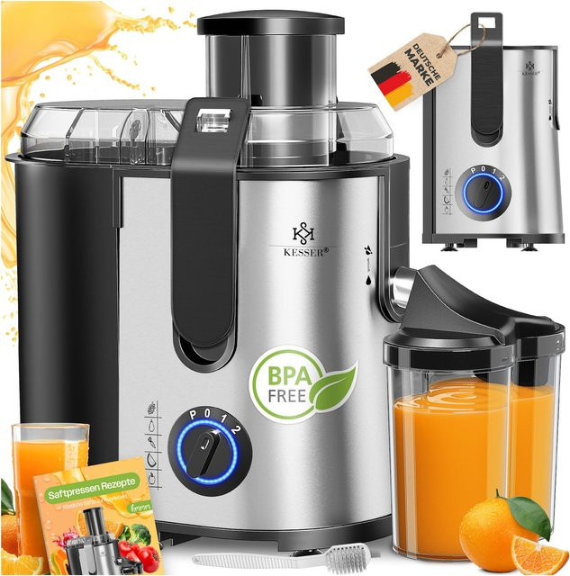 KESSER Entsafter für Obst und Gemüse aus Edelstahl in Silber mit 1100W Leistung, 85 mm Einfüllöffnung und 3 Geschwindigkeitsstufen inklusive Reinigungsbürste und Saftbehälter - Bild 1
