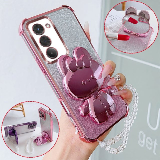 Stoßfeste Handyhülle mit Hasen-Motiv, drehbarem Ständer und Kristall-Lanyard für Xiaomi Redmi 15 4G 5G in Pink - Bild 1