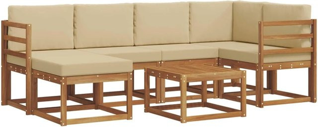 vidaXL Outdoor-Sofagarnitur aus Akazienholz in L-Form mit 7 Teilen, Set bestehend aus 3-Sitzer-Sofa, Eckelement, Ottoman und Couchtisch, Farbe Natur und Beige - Bild 1