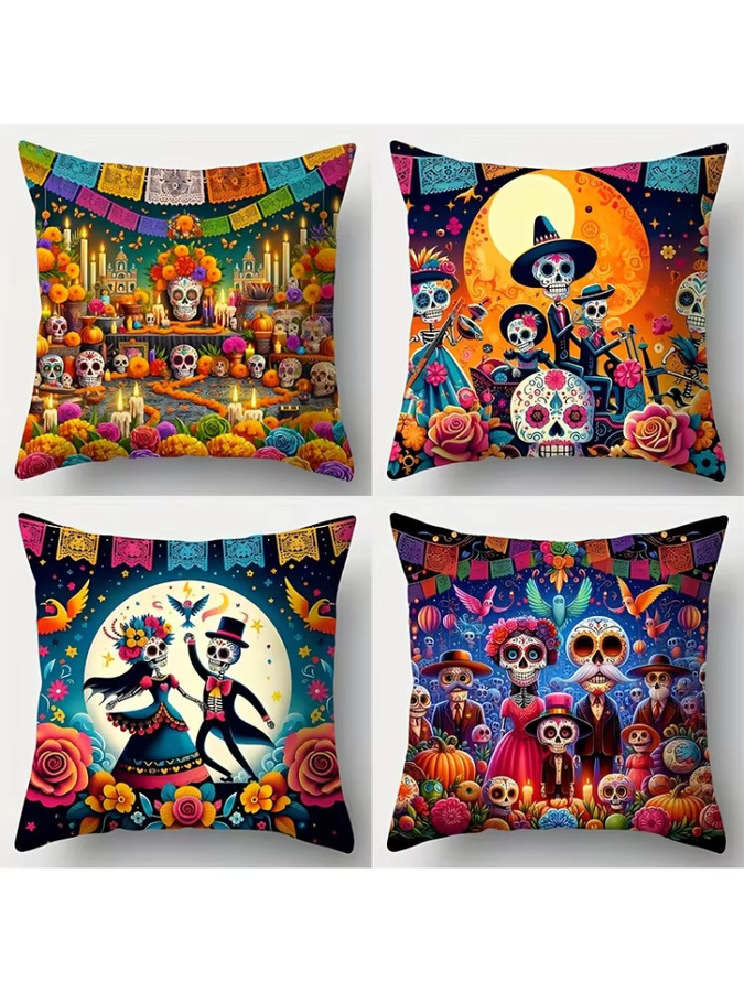Mexikanische Kissenbezüge mit Totenkopf-Muster im Day of the Dead Design, quadratisch, Polyester, Mehrfarbig, Breite: 45,0 cm - Bild 3