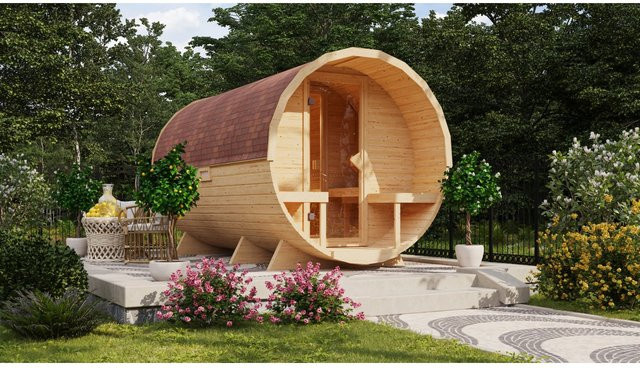 Karibu Fass-Sauna Set in braun mit 9 kW Ofen, externer Steuerung und Ofenschutzgitter, naturbelassen - Bild 1