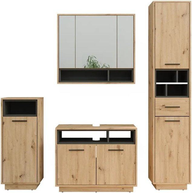 Vicco Badmöbel-Set Beatrice in Eiche und Anthrazit, modernes 4-teiliges Badezimmer-Möbelset mit Spiegelschrank, Waschtischunterschrank, Midischrank und Hochschrank - Bild 2