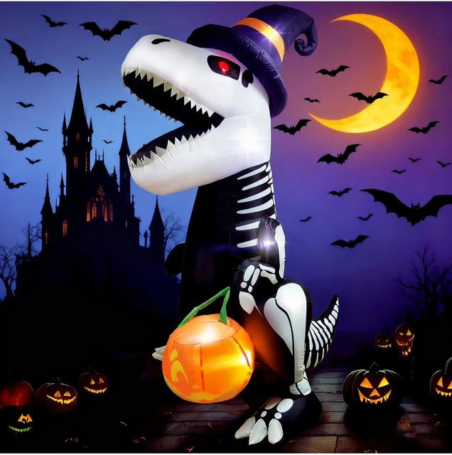 Discover Intime Halloween Aufblasfigur Skelett-Dinosaurier mit Kürbis und LEDs, Höhe: 2,4 m, Mehrfarbig - Bild 1