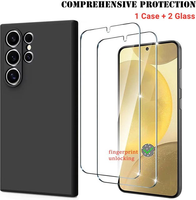 Samsung Galaxy Schutzset bestehend aus 2 Glas-Displayschutz mit Fingerabdruck-Entriegelung und 1 weichen Silikonhülle in Rot für S26 S25 S24 Ultra S23 FE S22 S21 Plus - Bild 1