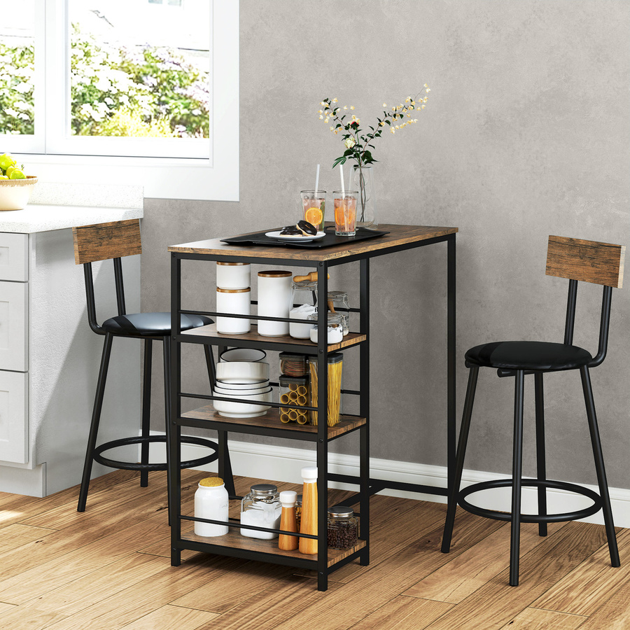 HOMCOM Bartisch mit Barhocker Set, 3-tlg. Essgruppe im Modern-Stil aus Stahl und Eiche, Farbe Braun - Bild 2