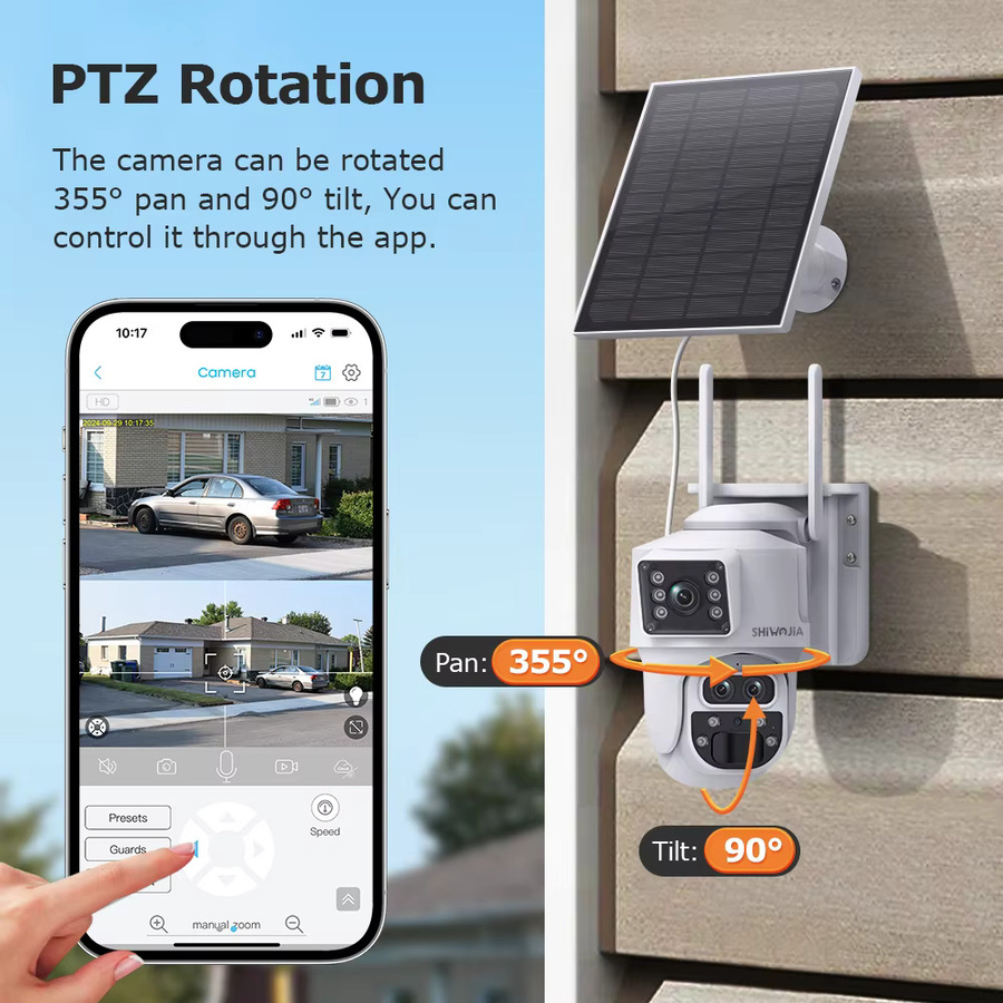 SHIWOJIA 6K 12MP Solarkamera mit 15X Zoom, 4G SIM und WIFI, Drei-Linsen-Aufnahme, Dual-Bildschirm, Menschliche Auto-Verfolgung und Farbnachtsicht, Weiß - Bild 5