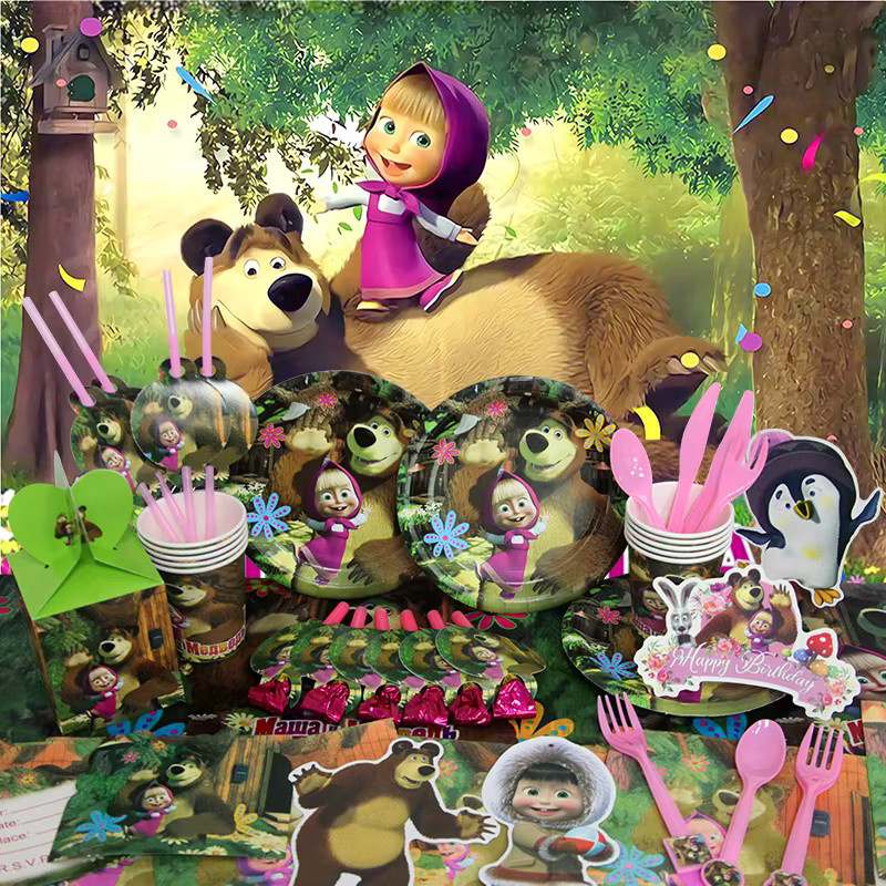 Disney Mashass und Bär Geburtstag Party Dekoration Set mit Hintergrund Banner Ballons und Einweggeschirr in Mehrfarbig - Bild 2