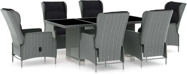 vidaXL 7-teilige Garten-Essgruppe aus Poly Rattan mit Auflagen in Hellgrau - Bild 1