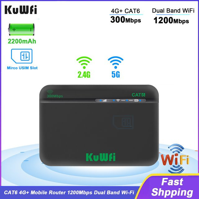 KuWFi CAT6 4G+ Mobiler Router mit 2,4G und 5G Dualband WiFi, Tragbares Reise-Modem mit 2200mAh Akku und Micro SIM-Steckplatz, Schwarz - Bild 1