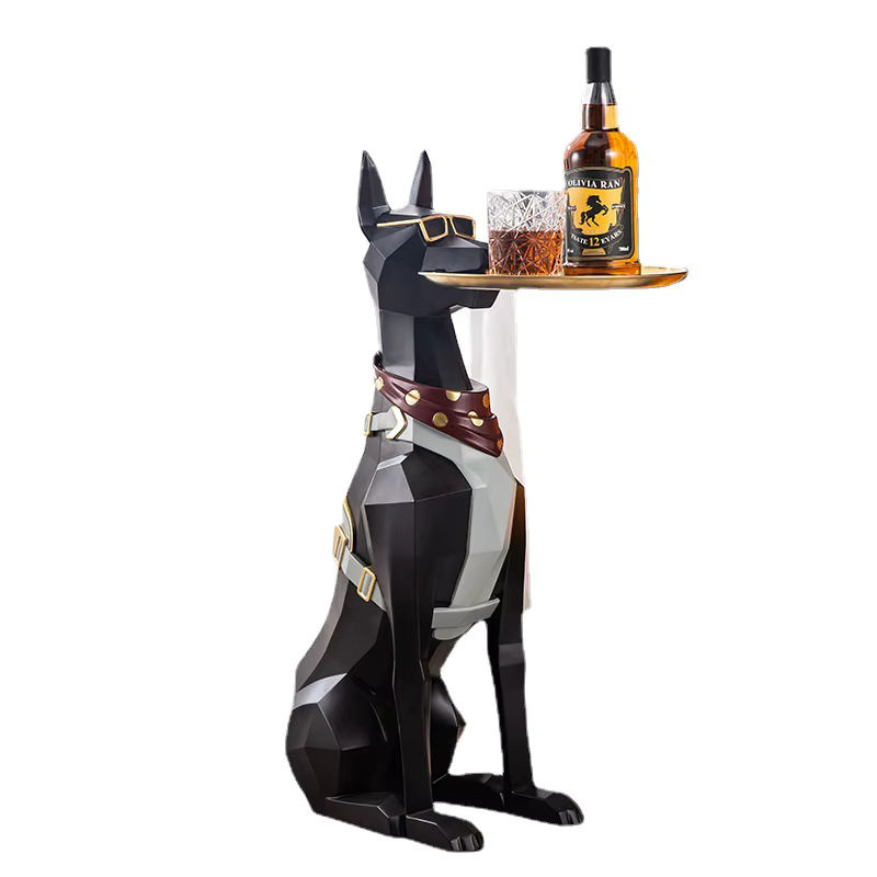 Milsccat Dobermann Hundestatue aus Kunstharz in Schwarz mit Tablett als moderne Dekoration und Schmuckhalter - Bild 3