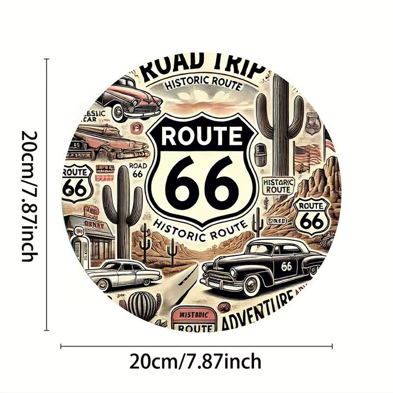 Potdemiel Vintage Route 66 Metallwandschild aus Aluminium, rund, Durchmesser: 20,3 cm, mit klassischen Autos, Kakteen und Road Trip Motiven - Bild 3