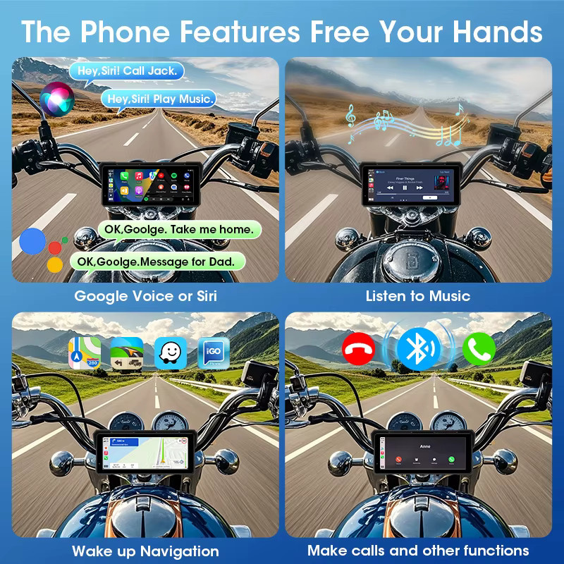 JMCQ Motorrad CarPlay GPS Navigation mit 8,1 Zoll Display, 4K DVR und 1080P Dual Objektiv, IPX7 wasserdicht, Android Auto und Bluetooth, Schwarz - Bild 4