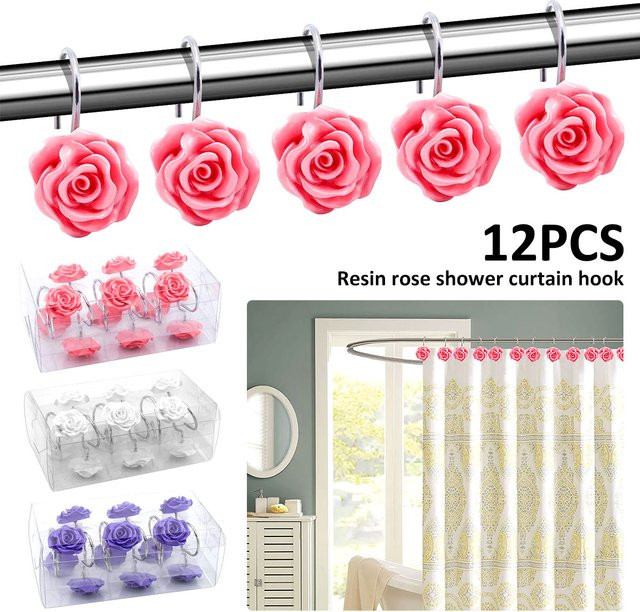 12 Stück dekorative Duschvorhang-Haken mit Rosen-Blumen-Design aus Kunstharz in Weiß - Bild 1