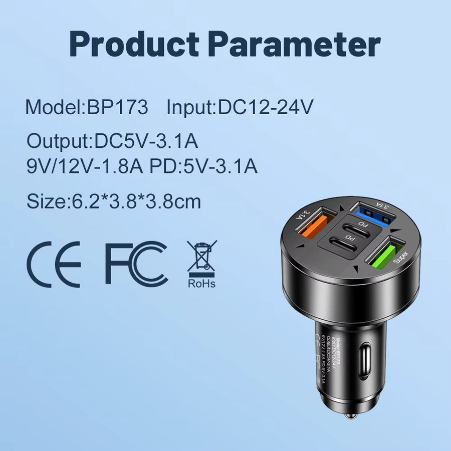 GUSEYEE 100W Autoladegerät mit 3 USB Anschlüssen und 2 PD Ports, Schnellladegerät Typ C für iPhone, Samsung, Huawei und Xiaomi, Schwarz - Bild 4
