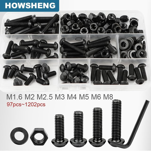 HSK Schrauben Set mit Muttern und Unterlegscheiben aus Stahl, Schwarz, Güteklasse 12.9, Innensechskant-Halbrundkopfschrauben Kit (M1.6 bis M8) - Bild 1