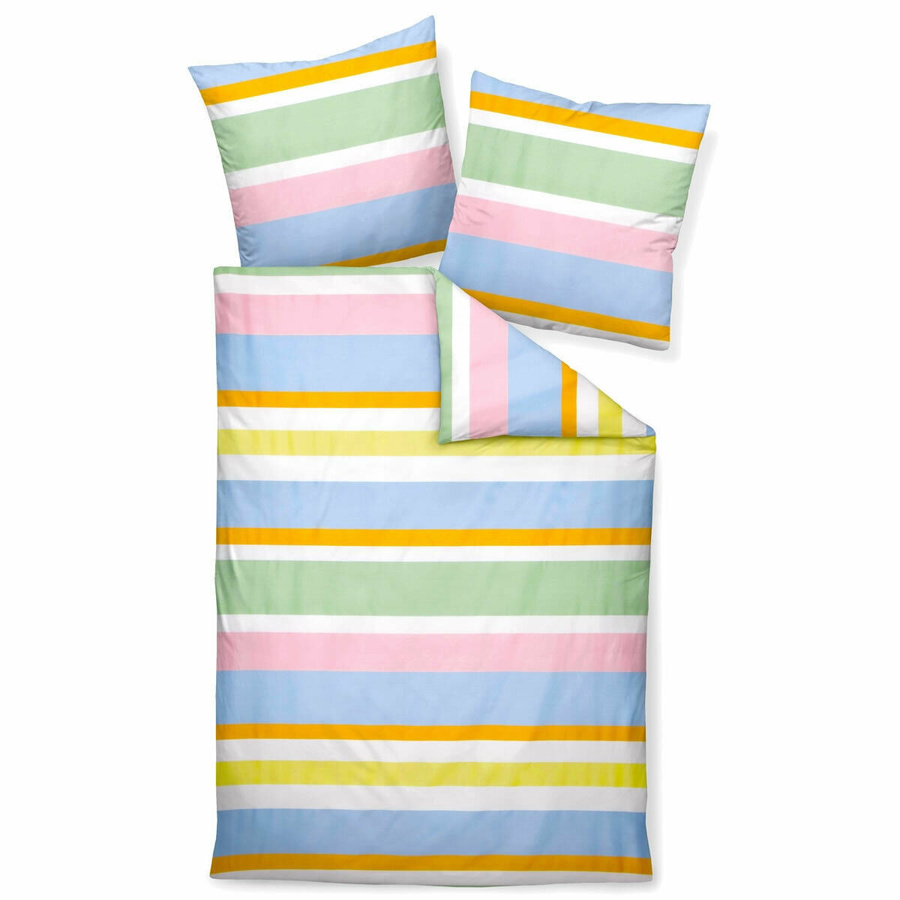 Janine J.D. Mako-Satin Bettwäsche aus Baumwolle mit Streifen in Blau, Gelb und Grün, Bettbezug 200 x 220 cm und Kissenbezug 80 x 80 cm - Bild 1