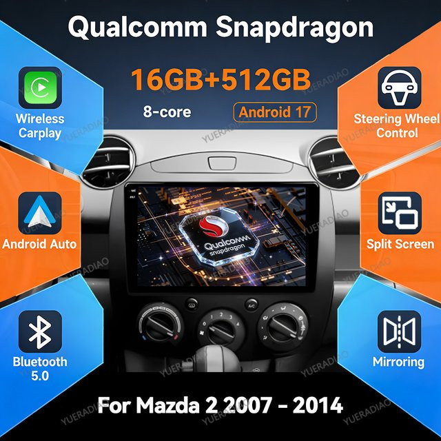 Android 17 Autoradio für Mazda 2 ab 2007 mit Carplay, Bluetooth, QLED Display und Lenkradfernbedienung in Schwarz - Bild 1