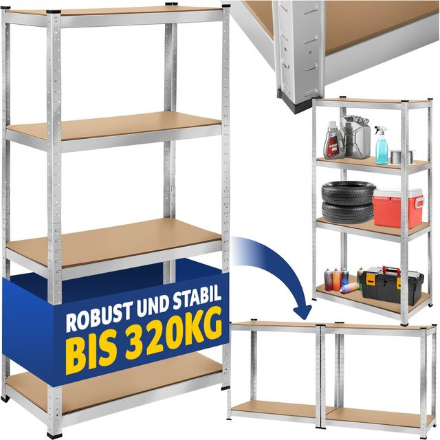 tectake Schwerlastregal mit silbernem Stahlgestell und höhenverstellbaren MDF-Böden, H x B x T: 160 x 80 x 40 cm - Bild 1