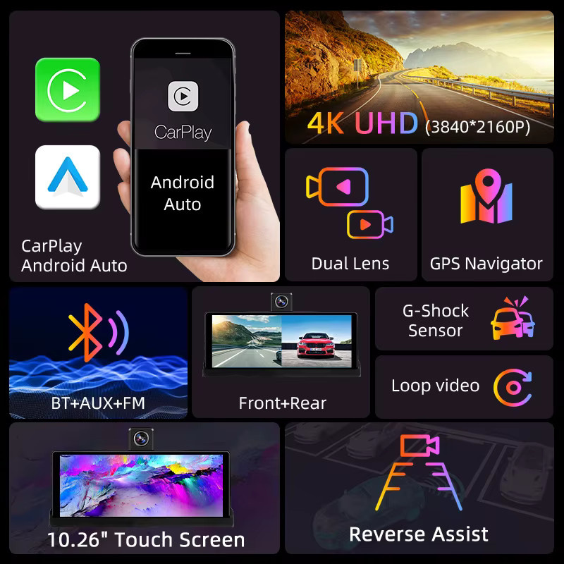 Jansite 4K Dashcam mit 10,26 Zoll Display, kabellosem CarPlay und Android Auto, GPS-Navigation und 350 Grad drehbarer Linse, Rückfahrkamera, Schwarz - Bild 3
