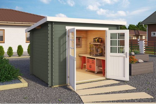 Mr. GARDENER Gartenhaus Grenada Blockhaus in Grüngrau/Weiss mit 28 mm Wandstärke, B/T: 250 x 200 cm - Bild 1