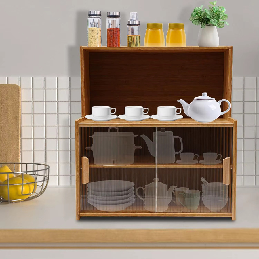 Bymaocar Bambus-Sideboard für die Küche in Braun mit Schiebetüren und verstellbaren Regalen - Bild 2