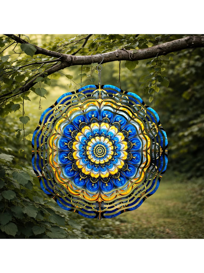 Modernes geometrisches Windspiel von CIFBUY aus Metall in Blau, Gelb und Gold als abstrakte Gartendekoration für den Außenbereich - Bild 5