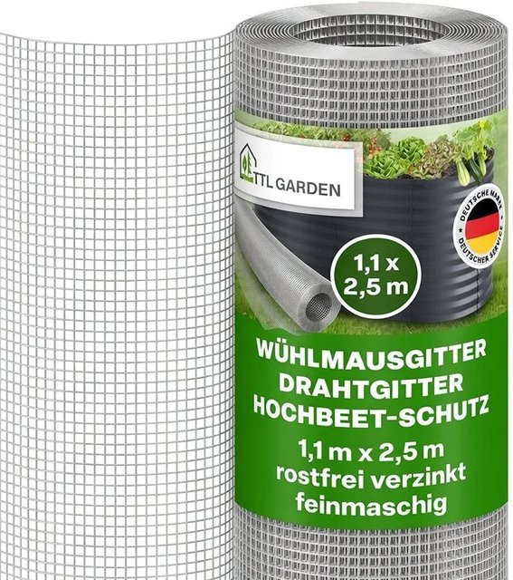 TTL GARDEN Wühlmausgitter verzinktes Drahtgitter auf Rolle zum Schutz von Hochbeet und Rasen, Farbe: Silber, Breite: 110 cm, Länge: 250 cm - Bild 1