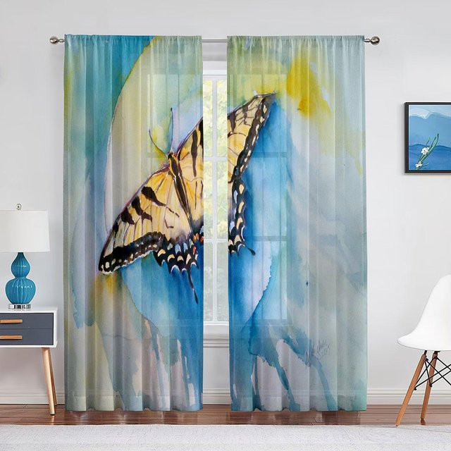 Bunter Voile-Vorhang mit Frühlingsblumen und Schmetterlingen, transparent, Material Polyester, Breite: 100 cm, Höhe: 130 cm - Bild 1