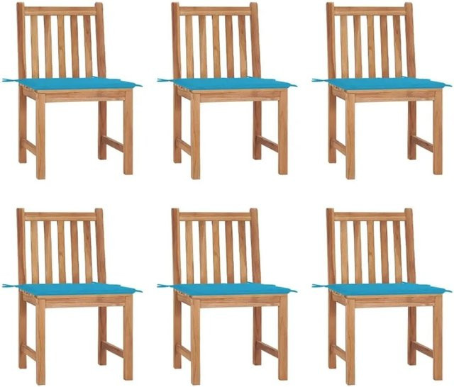 vidaXL Gartenstuhl-Set 6er Pack aus Teak Massivholz mit blauen Polsterkissen für Garten und Terrasse - Bild 1