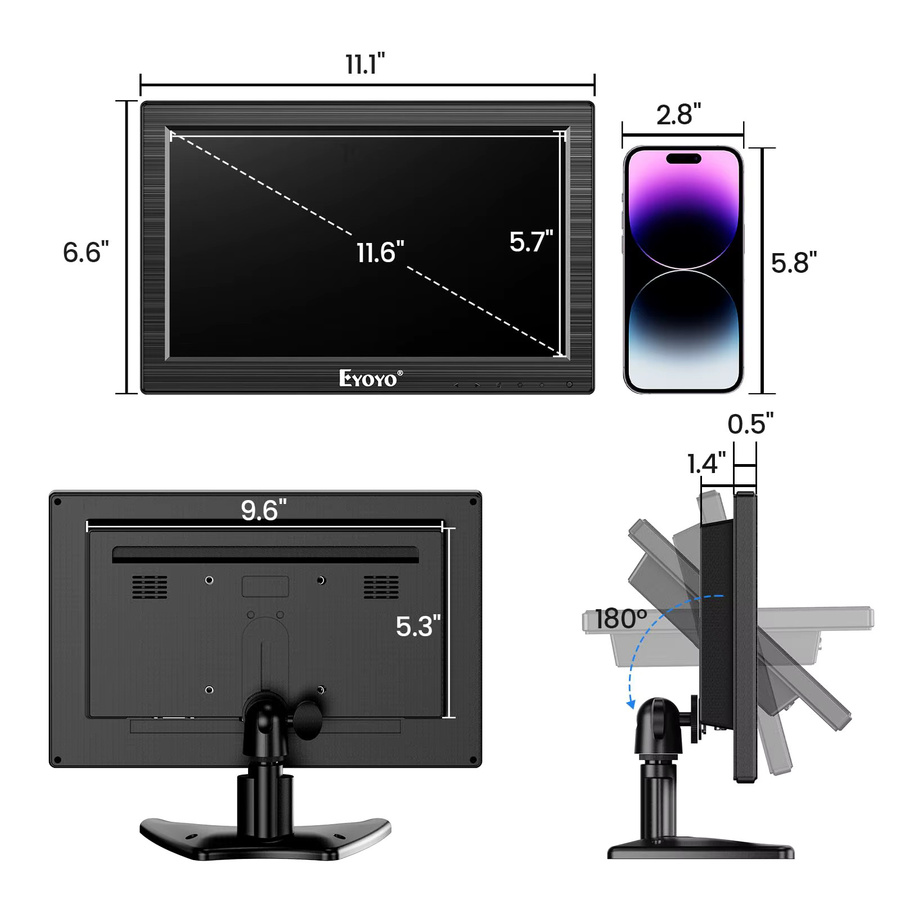 Eyoyo 12 Zoll TFT-LCD-Monitor in Schwarz mit HD-Auflösung, HDMI, USB-C, AV, BNC und VGA sowie integrierten Lautsprechern - Bild 7
