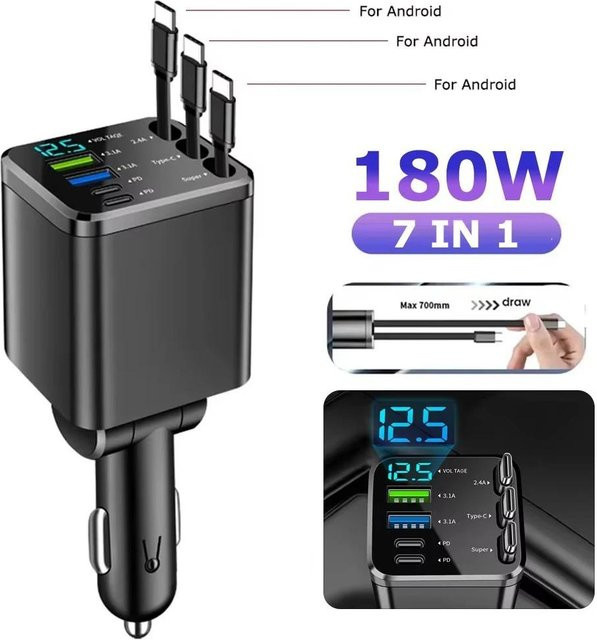 YJMP Auto Parts Autoladegerät mit einziehbarem Kabel und Spannungsanzeige, 150W Schnelllader mit PD30W und 22,5W für iOS und Android, Schwarz - Bild 1