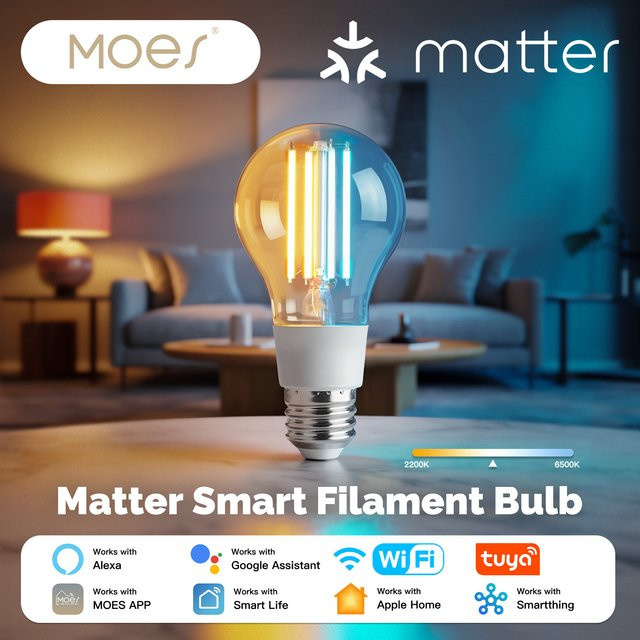 MOES Tuya Matter E27 Smart LED Glühlampe 7W, 806Lm, dimmbar, CCT 2700K-6500K, Weiß, Sprachsteuerung mit Alexa und Google Home - Bild 1