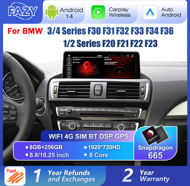 FAZY Android 14 Wireless Carplay Autoradio mit Touchscreen, Multimedia Player mit GPS, Bluetooth und Wi-Fi für BMW 1 2 3 4 Serie (F20, F21, F22, F30, F31, F32, F33, F34), Schwarz - Bild 1