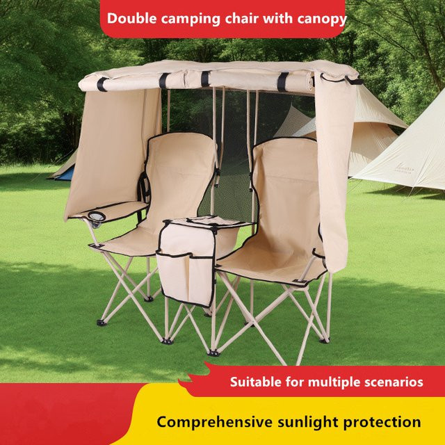 QAJTAO Doppelklappstuhl für Outdoor und Camping mit integriertem Sonnenschirm und Regenschutz in Blau oder Beige - Bild 1