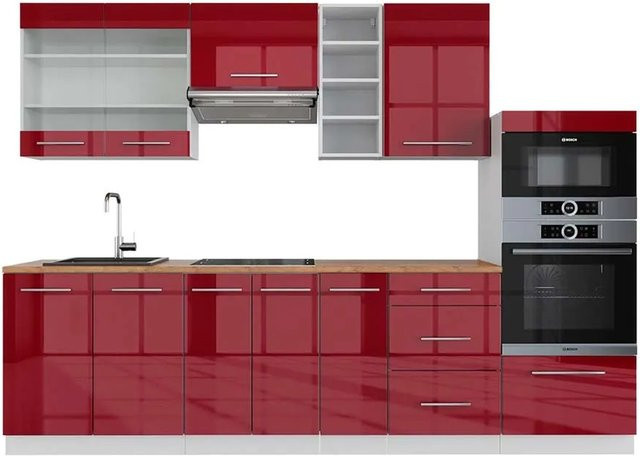 Vicco Fame-Line Küchenzeile Bordeaux Hochglanz und Weiß mit Eiche Optik Breite: 280 cm - Bild 1