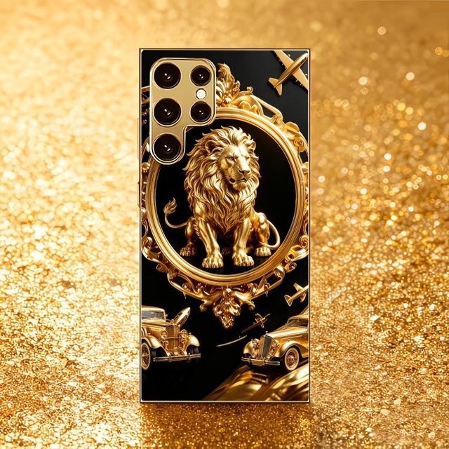 Glänzende Samsung Galaxy Handyhülle mit Goldlöwen-Verzierung aus Glas für S25 Ultra, S26 Ultra, S24, S23, S22 und FE Modelle, Farbe: Gold - Bild 1