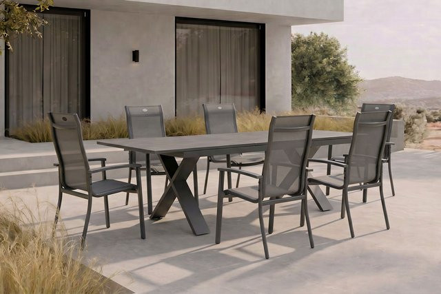 Hartman Gartenmöbel Set Xanadu / Alice Comfort aus Aluminium und Glaskeramik in Anthrazit mit 6 Stapelsesseln und ausziehbarer rechteckiger Tafel, B/T/H: 220 x 100 cm bis 280 x 100 cm - Bild 1