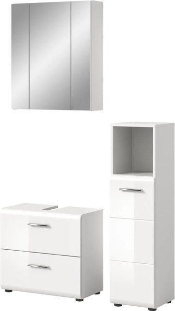Inn.Furn Badmöbel-Set 3-teilig Cover in Weiß Hochglanz mit Badkommode, Spiegelschrank und Waschbeckenunterschrank - Bild 1