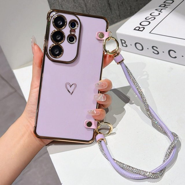 Samsung Galaxy Smartphone Schutzhülle aus weichem TPU mit Lanyard und Liebesherz-Design in Braun - Bild 1